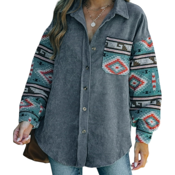 Womens Casual Boho Aztec Pattern Vintage Long Sleeve Button Shacket Coat Size XL - Picture 1 of 10